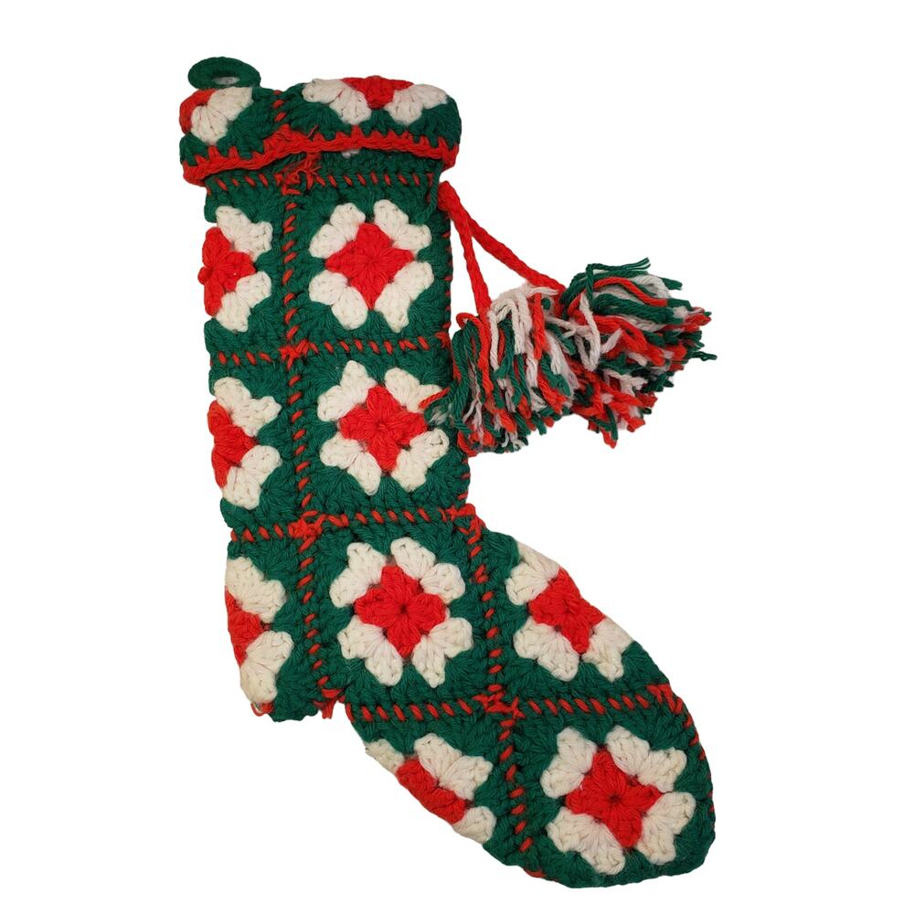 Crocheted Christmas Stocking Granny Square Handmade Vintage Christmas Stocking